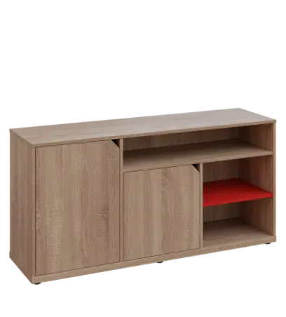 KU2-15DN3 L skříňka nízká 2-dveřová, nika, 740x1522x400, provedení levé, korpus a dvířka dub bardolino/police červená